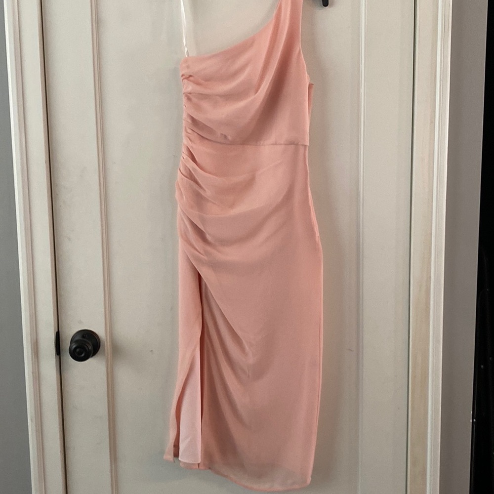 NBD pink midi dress with side slit and side zipper one shoulder